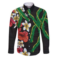 Hawaiian Tropical Flowers and Maile Pikake Family Matching Off Shoulder Short Dress and Hawaiian Shirt Polynesian Tribal Pattern Black Color