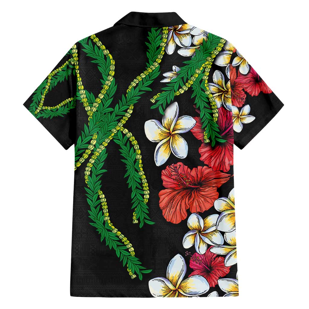 Hawaiian Tropical Flowers and Maile Pikake Family Matching Puletasi and Hawaiian Shirt Polynesian Tribal Pattern Black Color LT03 - Polynesian Pride