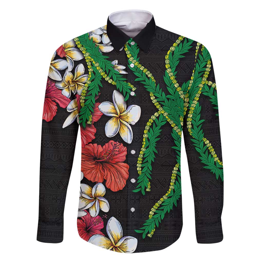 Hawaiian Tropical Flowers and Maile Pikake Family Matching Puletasi and Hawaiian Shirt Polynesian Tribal Pattern Black Color LT03 Dad's Shirt - Long Sleeve Black - Polynesian Pride