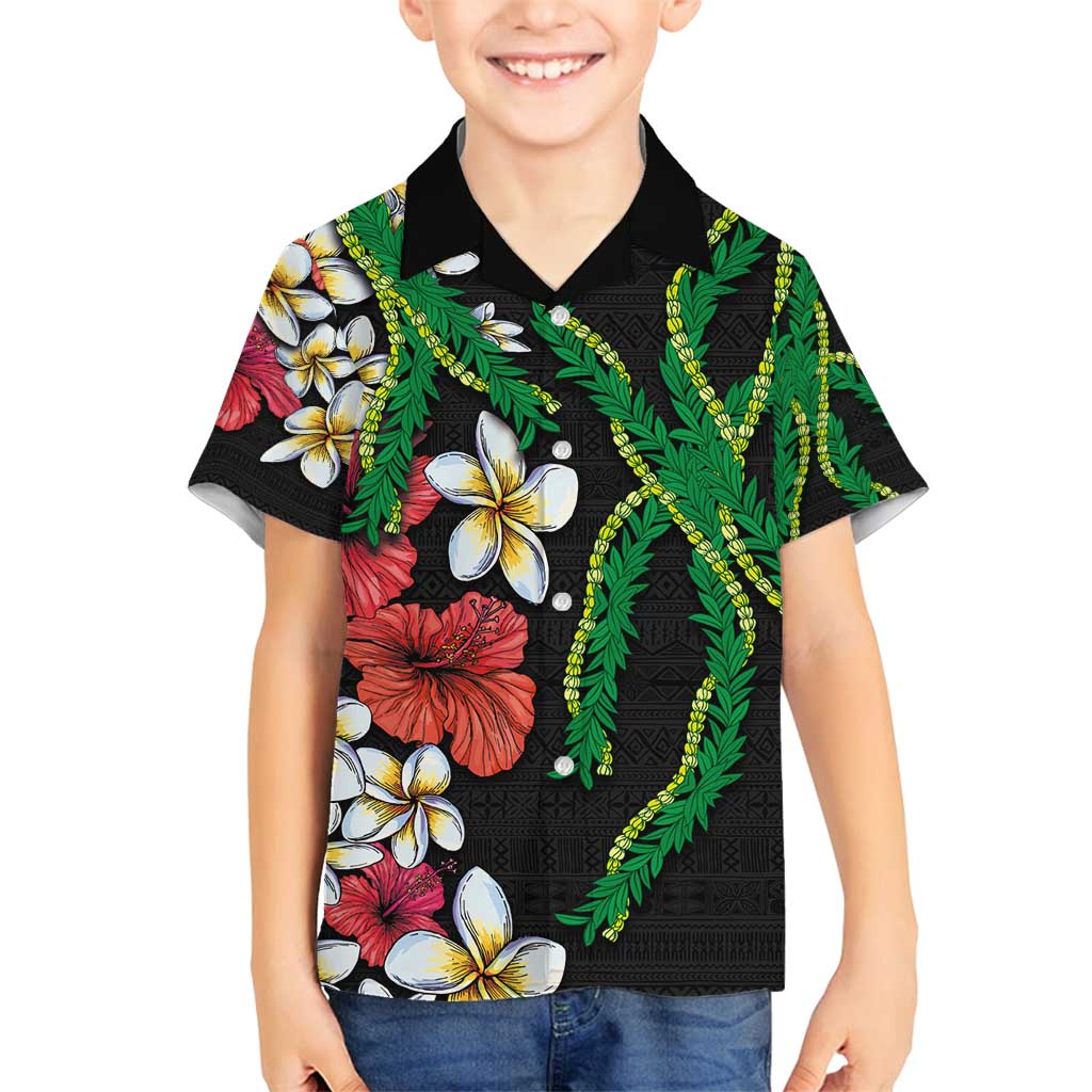 Hawaiian Tropical Flowers and Maile Pikake Family Matching Puletasi and Hawaiian Shirt Polynesian Tribal Pattern Black Color LT03 Son's Shirt Black - Polynesian Pride