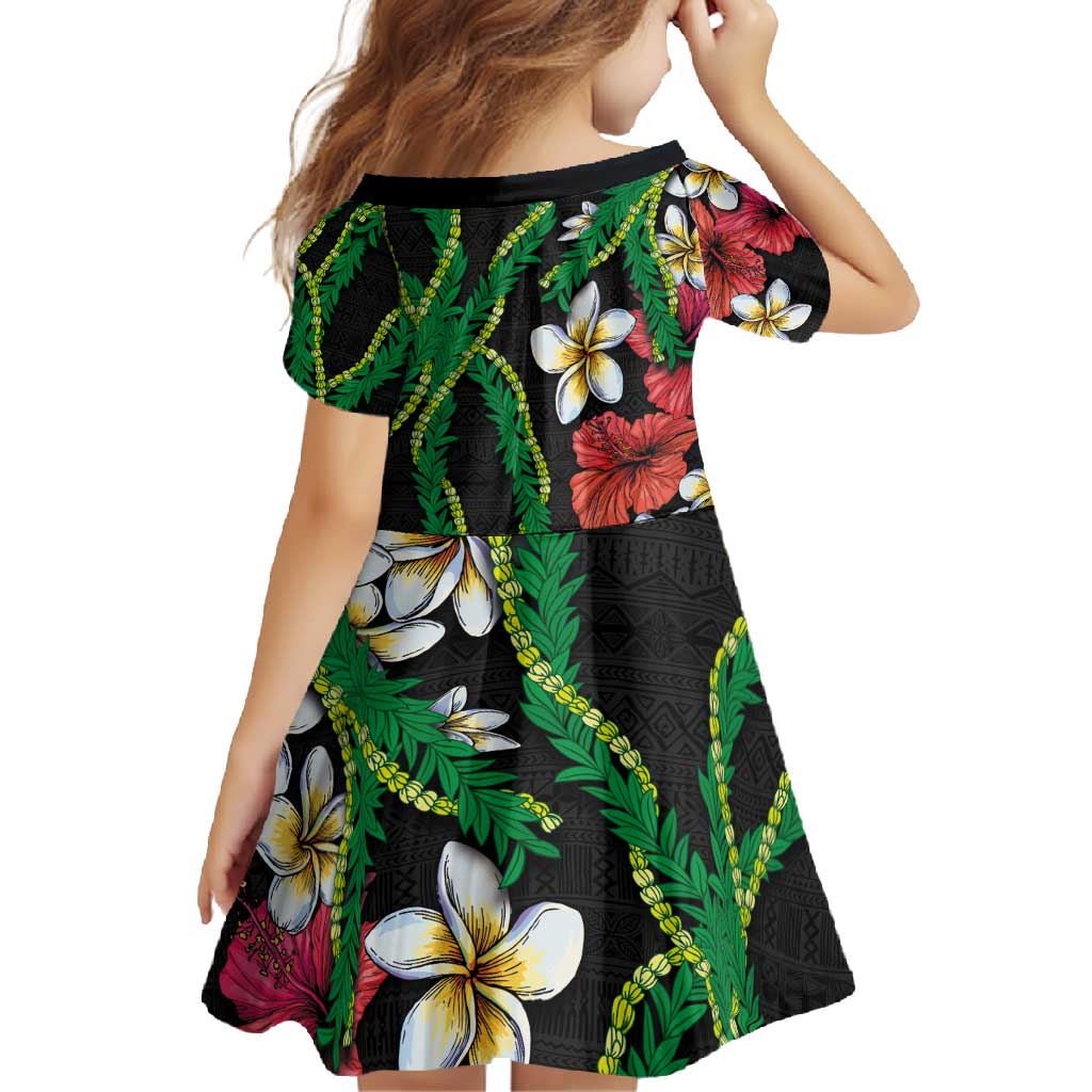 Hawaiian Tropical Flowers and Maile Pikake Family Matching Short Sleeve Bodycon Dress and Hawaiian Shirt Polynesian Tribal Pattern Black Color