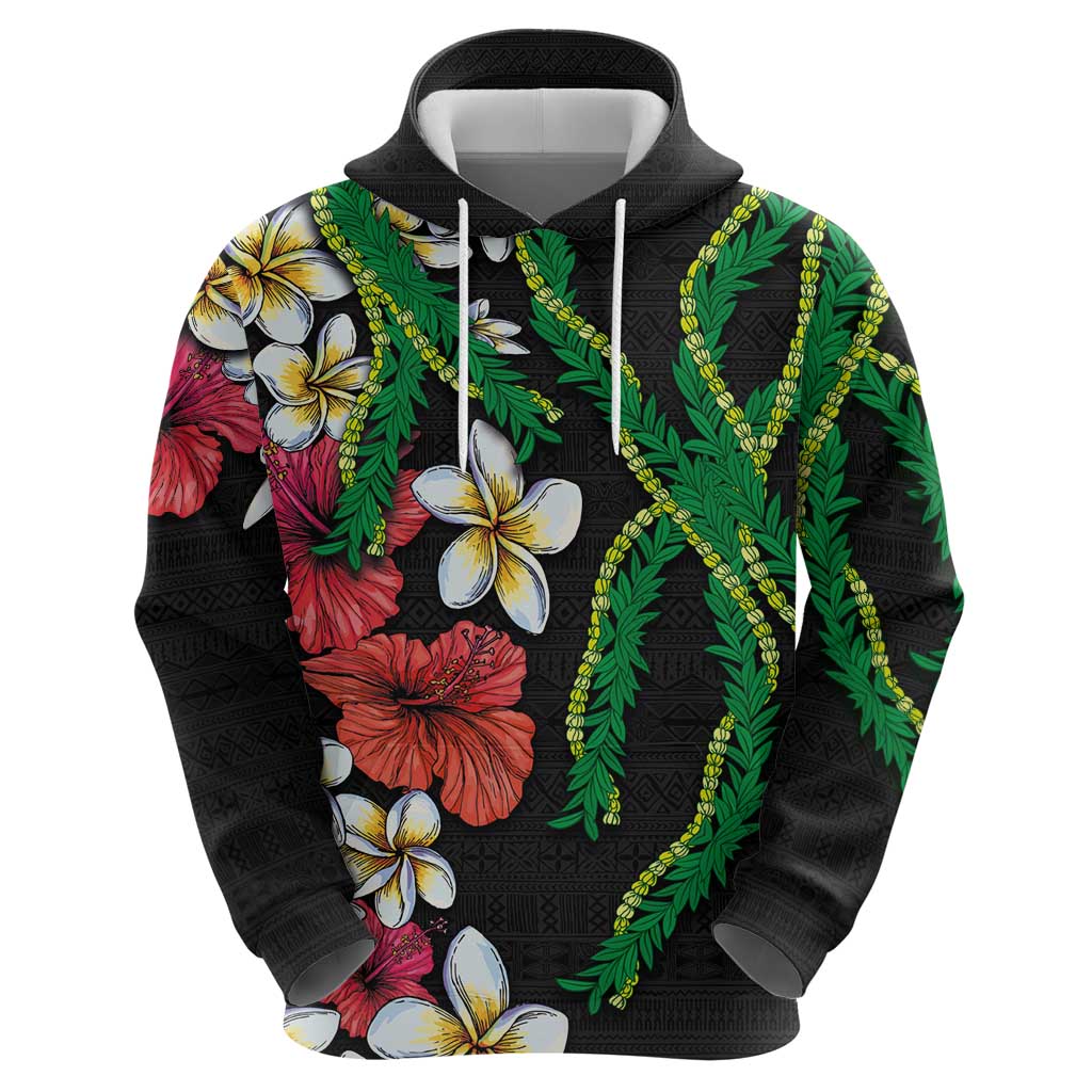 Hawaiian Tropical Flowers and Maile Pikake Hoodie Polynesian Tribal Pattern Black Color
