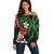 Hawaiian Tropical Flowers and Maile Pikake Off Shoulder Sweater Polynesian Tribal Pattern Black Color