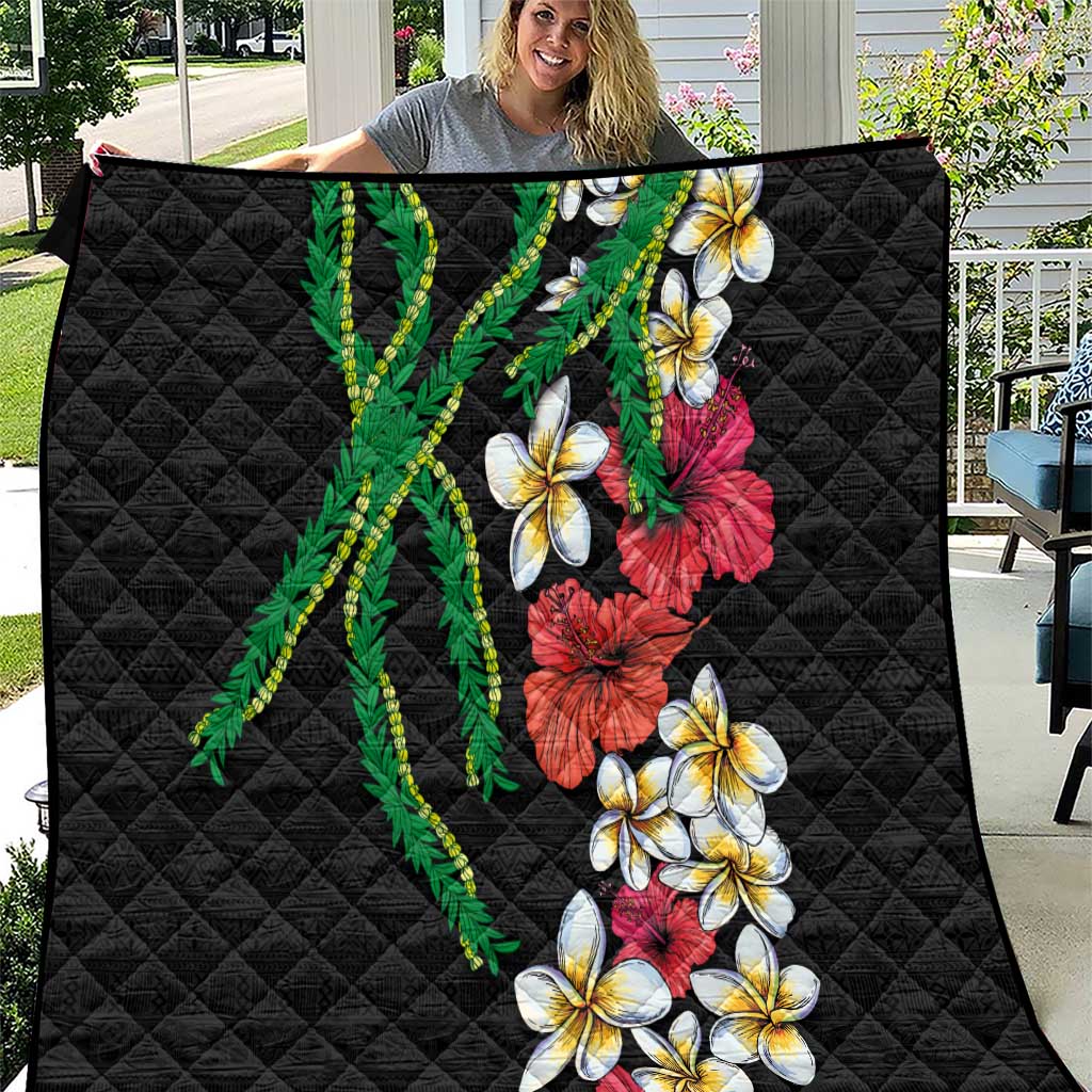 Hawaiian Tropical Flowers and Maile Pikake Quilt Polynesian Tribal Pattern Black Color