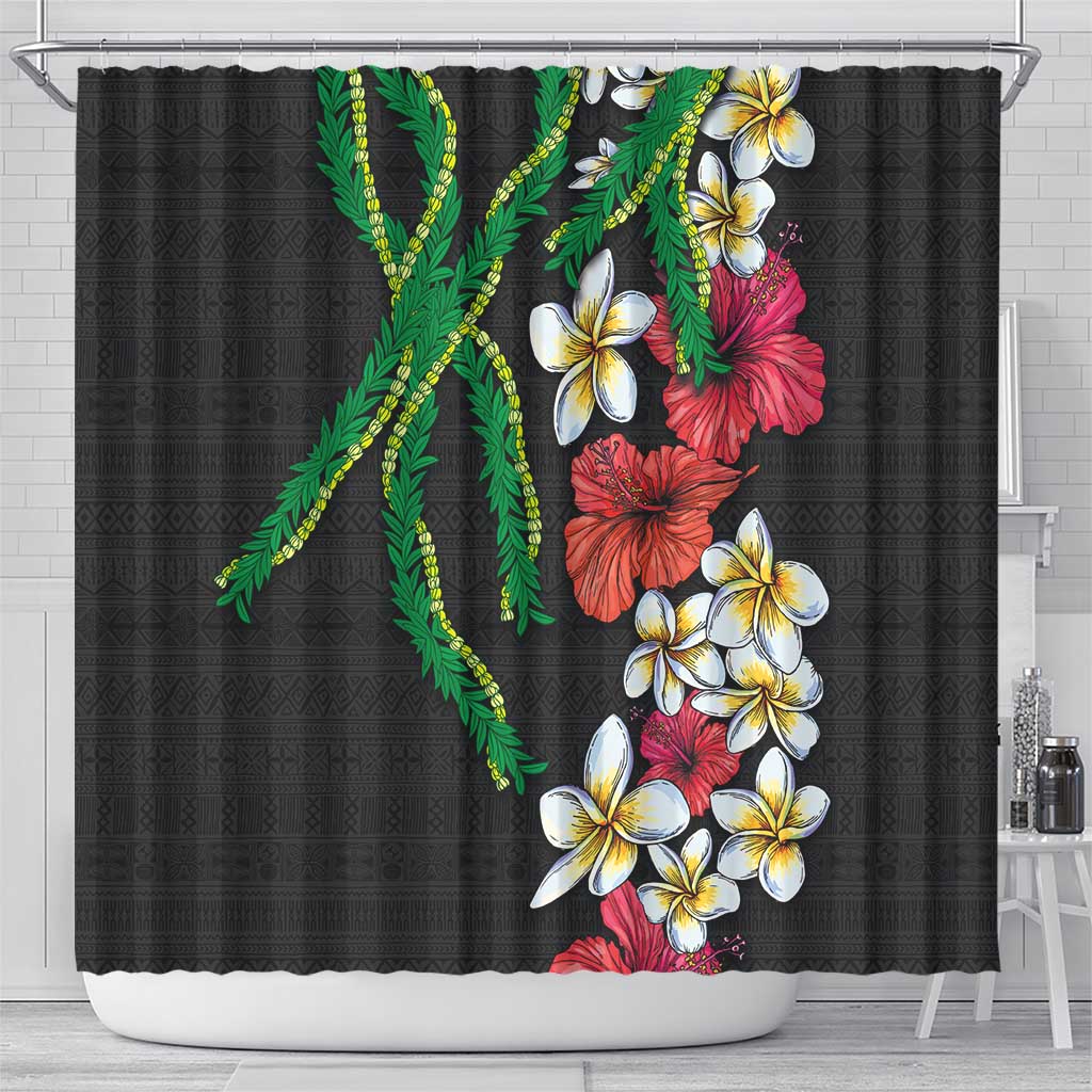 Hawaiian Tropical Flowers and Maile Pikake Shower Curtain Polynesian Tribal Pattern Black Color