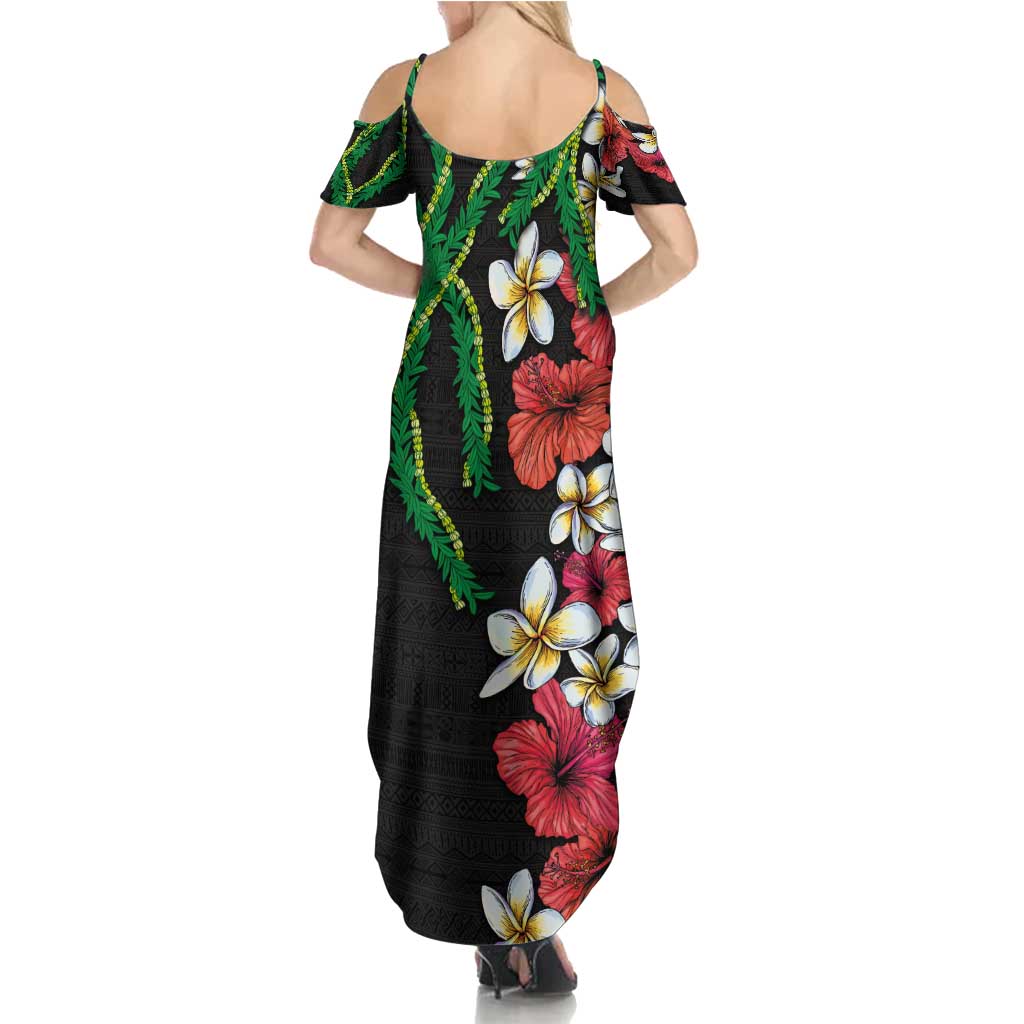 Hawaiian Tropical Flowers and Maile Pikake Summer Maxi Dress Polynesian Tribal Pattern Black Color