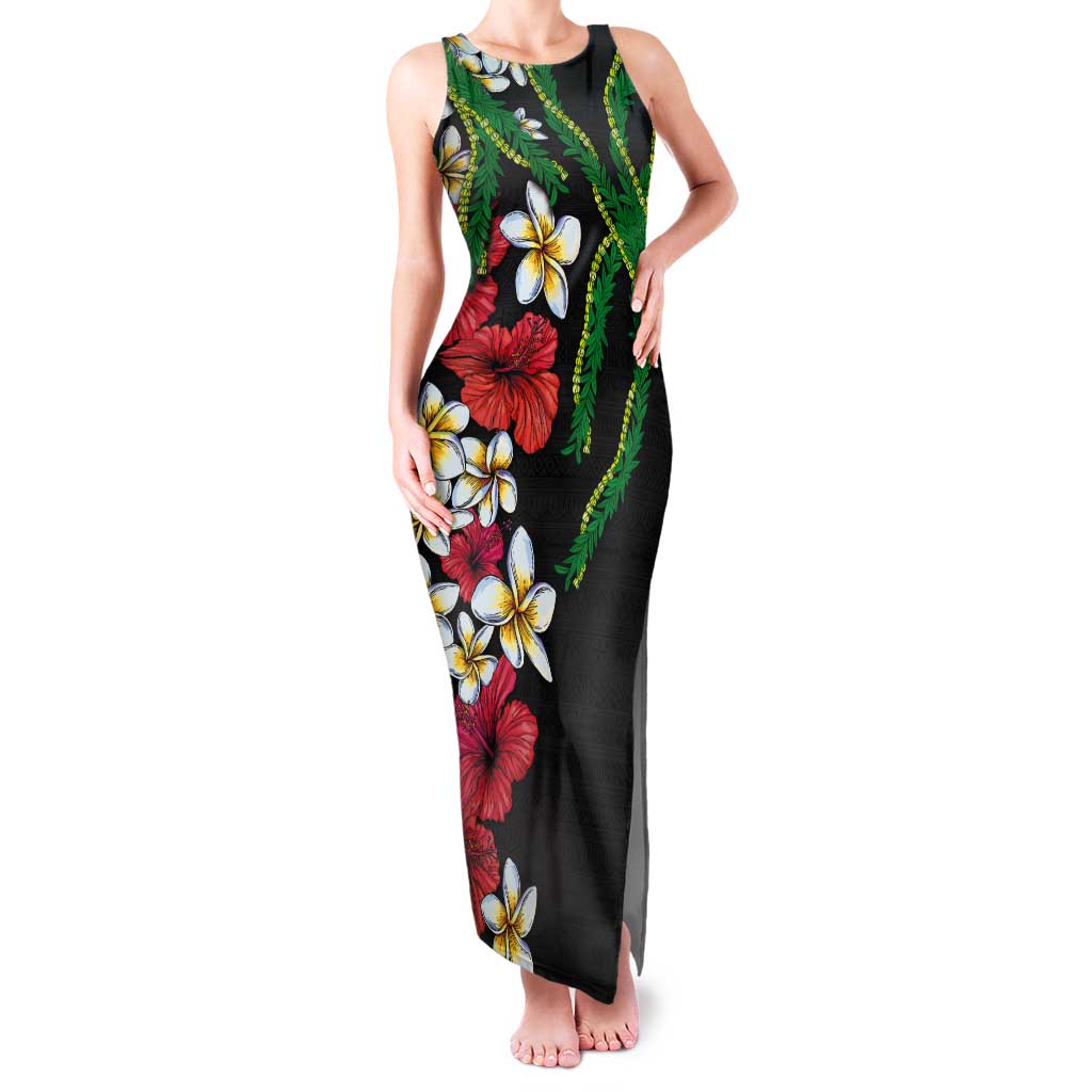 Hawaiian Tropical Flowers and Maile Pikake Tank Maxi Dress Polynesian Tribal Pattern Black Color