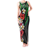 Hawaiian Tropical Flowers and Maile Pikake Tank Maxi Dress Polynesian Tribal Pattern Black Color