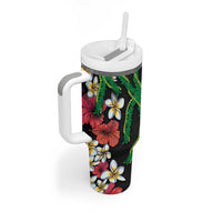 Hawaiian Tropical Flowers and Maile Pikake Tumbler With Handle Polynesian Tribal Pattern Black Color