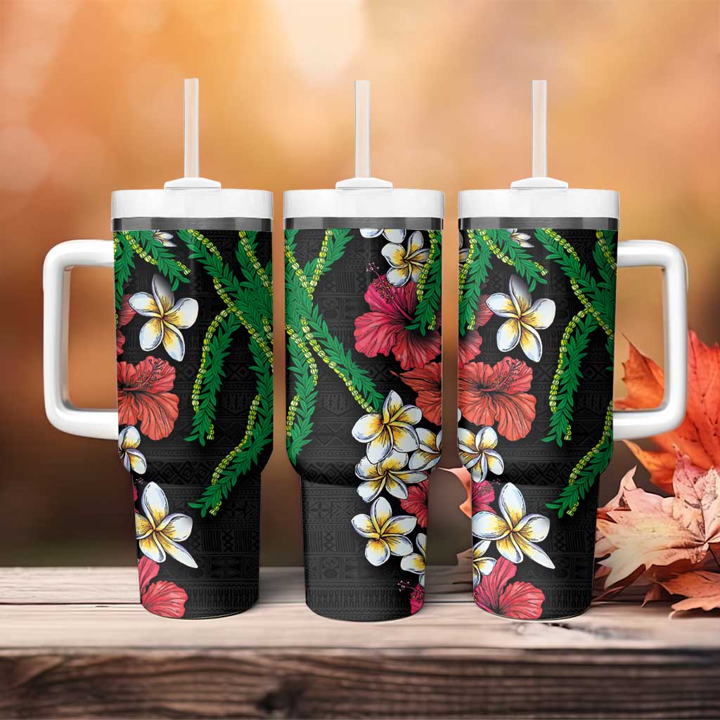 Hawaiian Tropical Flowers and Maile Pikake Tumbler With Handle Polynesian Tribal Pattern Black Color