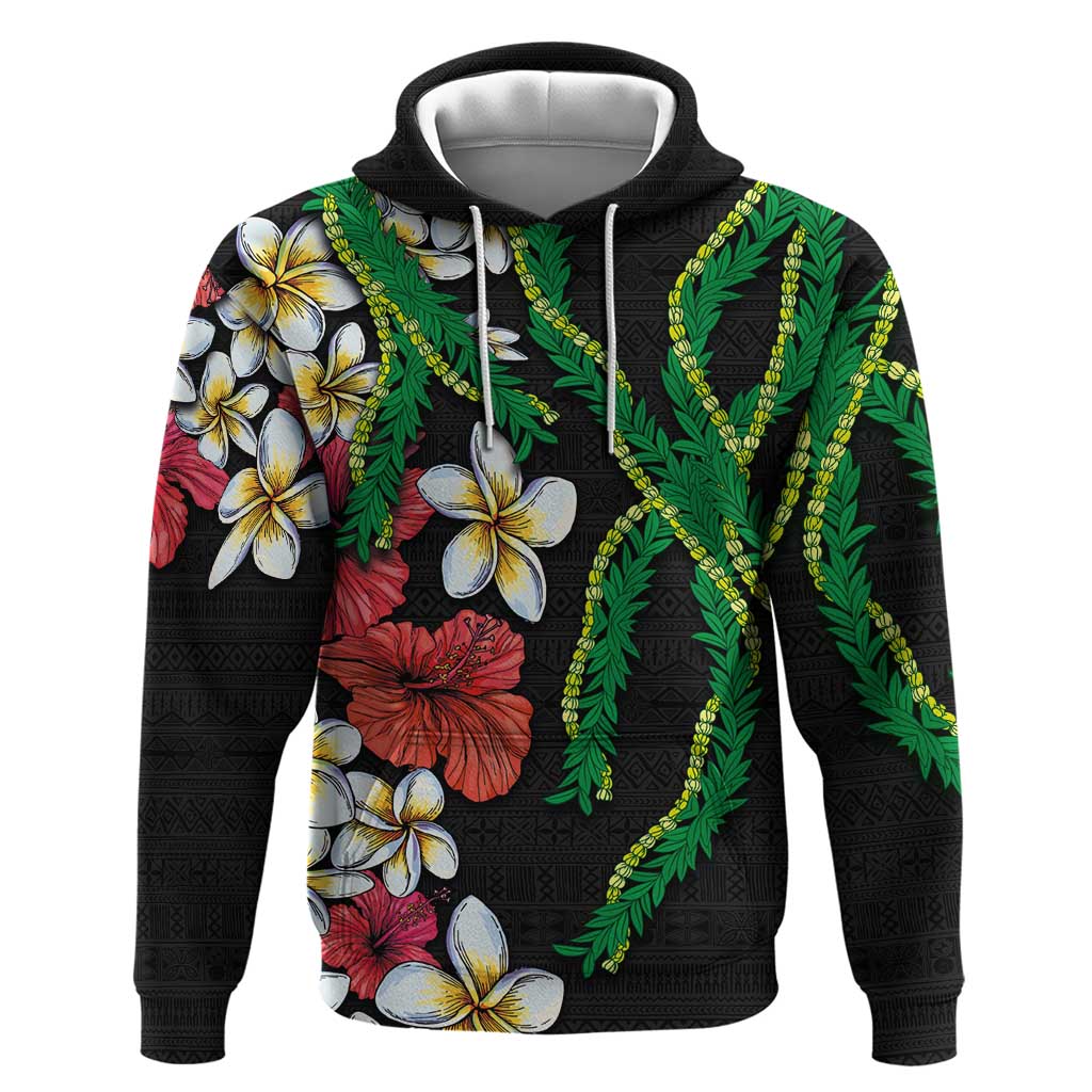 Hawaiian Tropical Flowers and Maile Pikake Zip Hoodie Polynesian Tribal Pattern Black Color