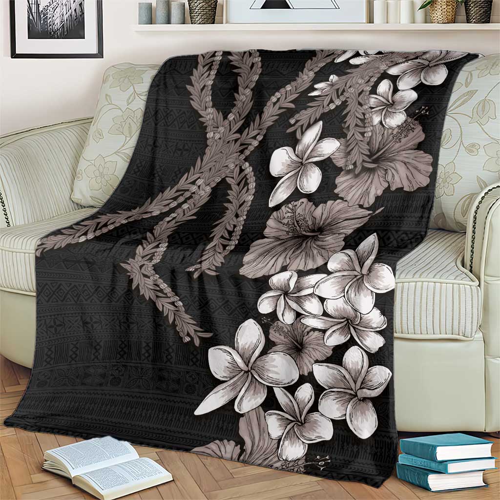 Hawaiian Tropical Flowers and Maile Pikake Blanket Polynesian Tribal Pattern Grayscale Mode