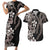 Hawaiian Tropical Flowers and Maile Pikake Couples Matching Short Sleeve Bodycon Dress and Hawaiian Shirt Polynesian Tribal Pattern Grayscale Mode