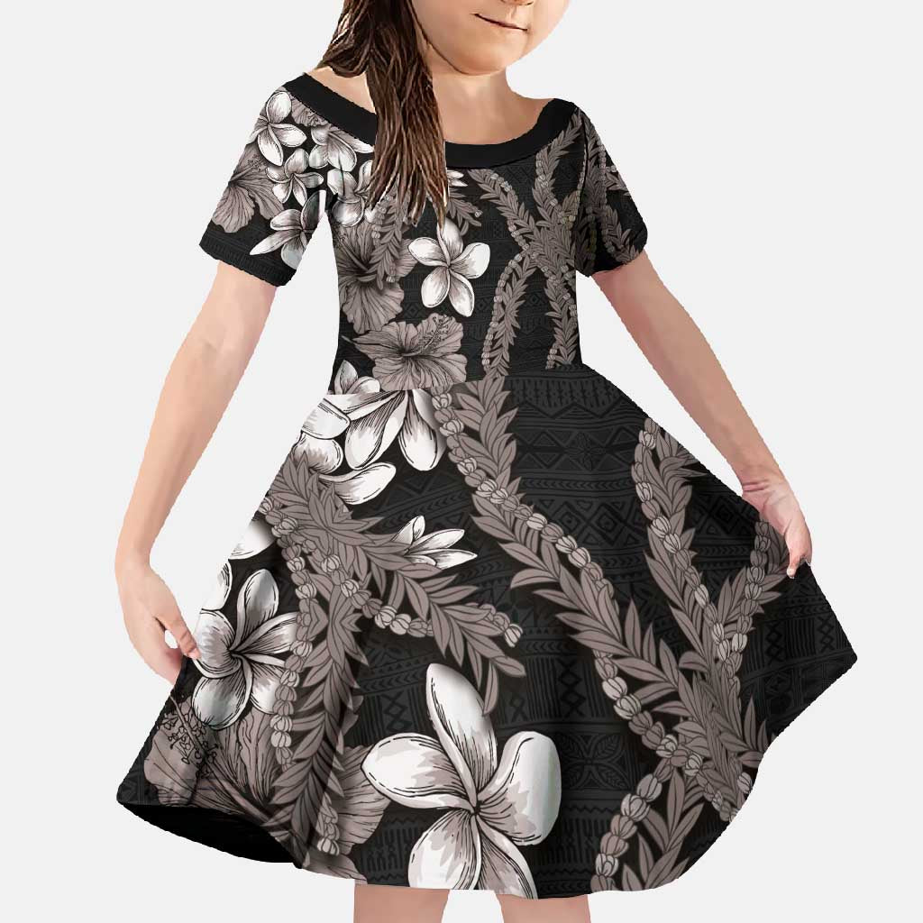 Hawaiian Tropical Flowers and Maile Pikake Family Matching Long Sleeve Bodycon Dress and Hawaiian Shirt Polynesian Tribal Pattern Grayscale Mode LT03 Daughter's Dress Black - Polynesian Pride