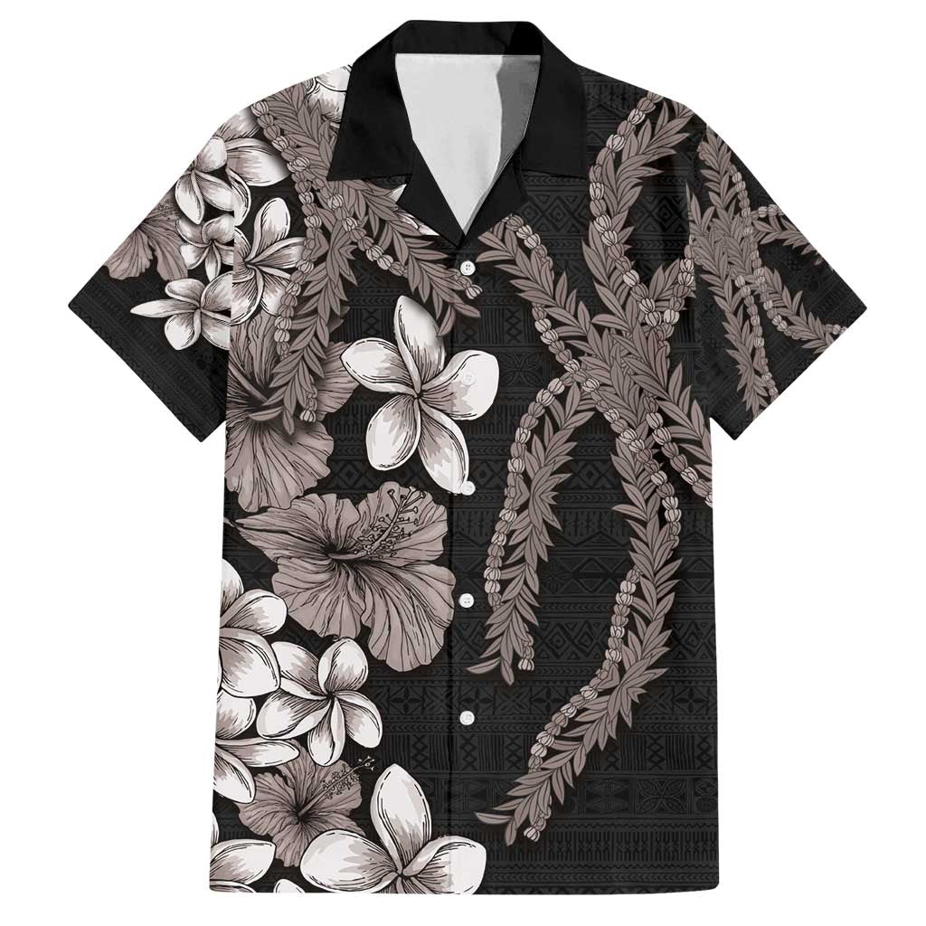 Hawaiian Tropical Flowers and Maile Pikake Family Matching Long Sleeve Bodycon Dress and Hawaiian Shirt Polynesian Tribal Pattern Grayscale Mode LT03 Dad's Shirt - Short Sleeve Black - Polynesian Pride