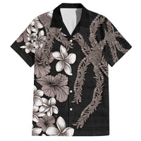Hawaiian Tropical Flowers and Maile Pikake Family Matching Long Sleeve Bodycon Dress and Hawaiian Shirt Polynesian Tribal Pattern Grayscale Mode LT03 Dad's Shirt - Short Sleeve Black - Polynesian Pride