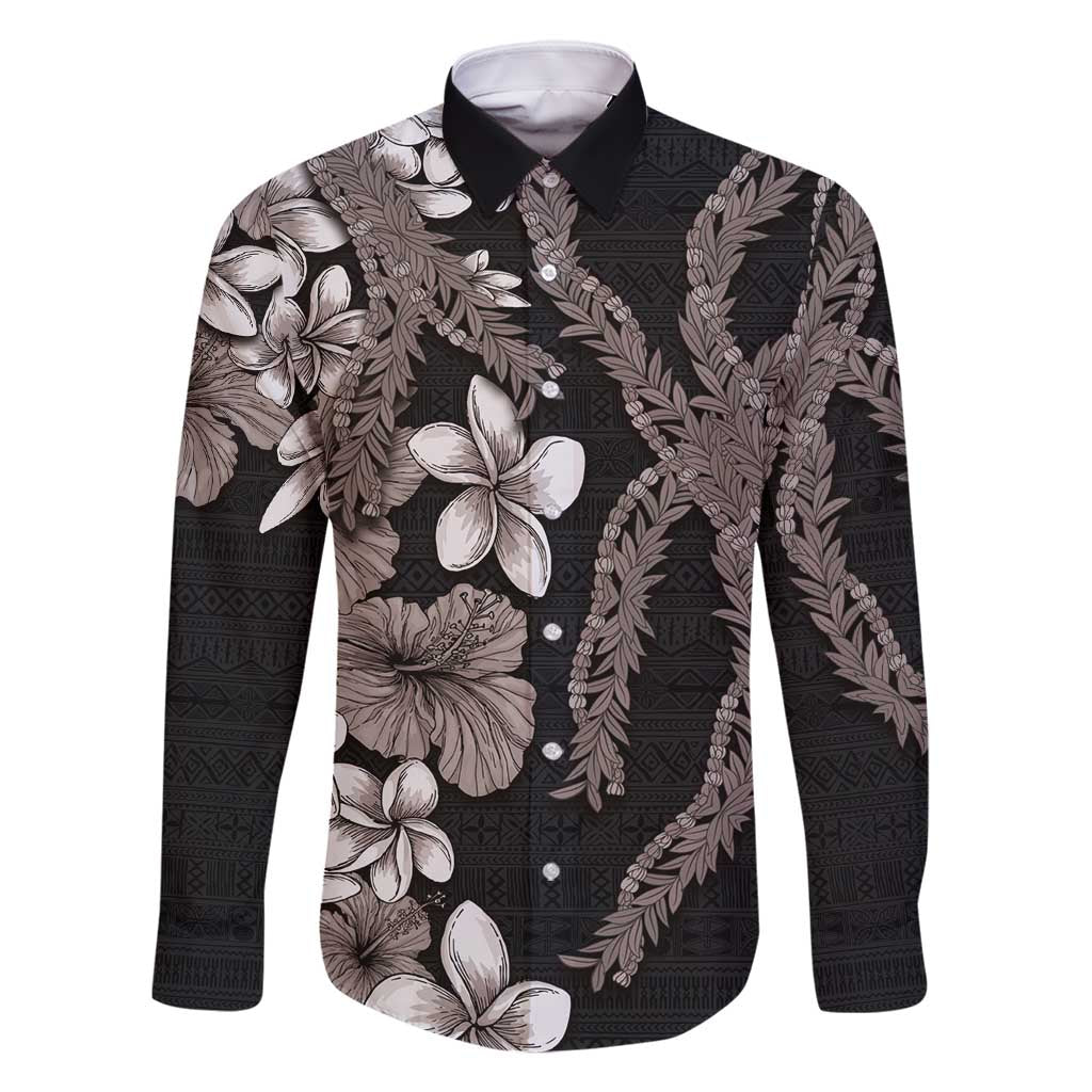 Hawaiian Tropical Flowers and Maile Pikake Family Matching Long Sleeve Bodycon Dress and Hawaiian Shirt Polynesian Tribal Pattern Grayscale Mode LT03 Dad's Shirt - Long Sleeve Black - Polynesian Pride