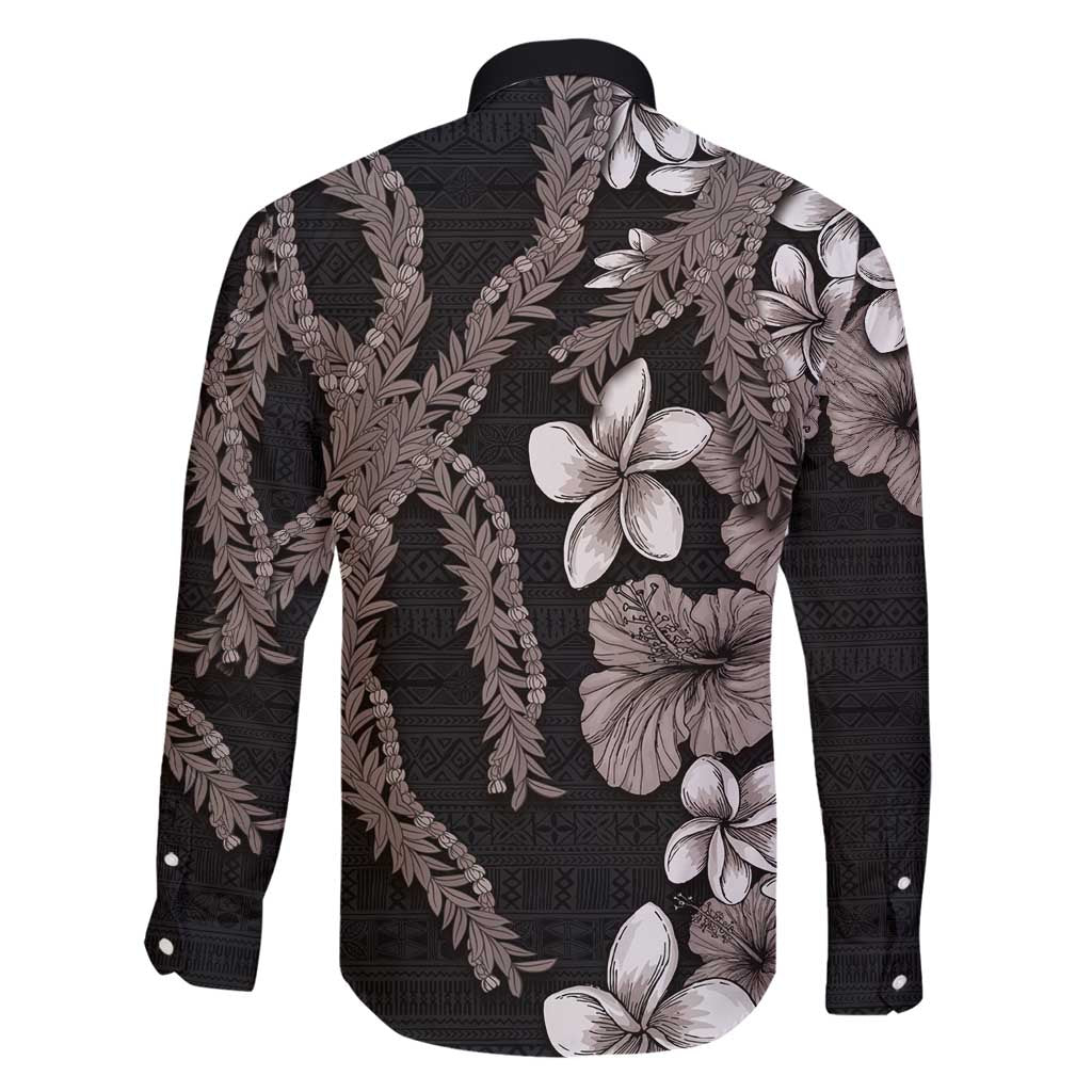 Hawaiian Tropical Flowers and Maile Pikake Family Matching Long Sleeve Bodycon Dress and Hawaiian Shirt Polynesian Tribal Pattern Grayscale Mode LT03 - Polynesian Pride