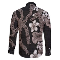 Hawaiian Tropical Flowers and Maile Pikake Family Matching Long Sleeve Bodycon Dress and Hawaiian Shirt Polynesian Tribal Pattern Grayscale Mode LT03 - Polynesian Pride