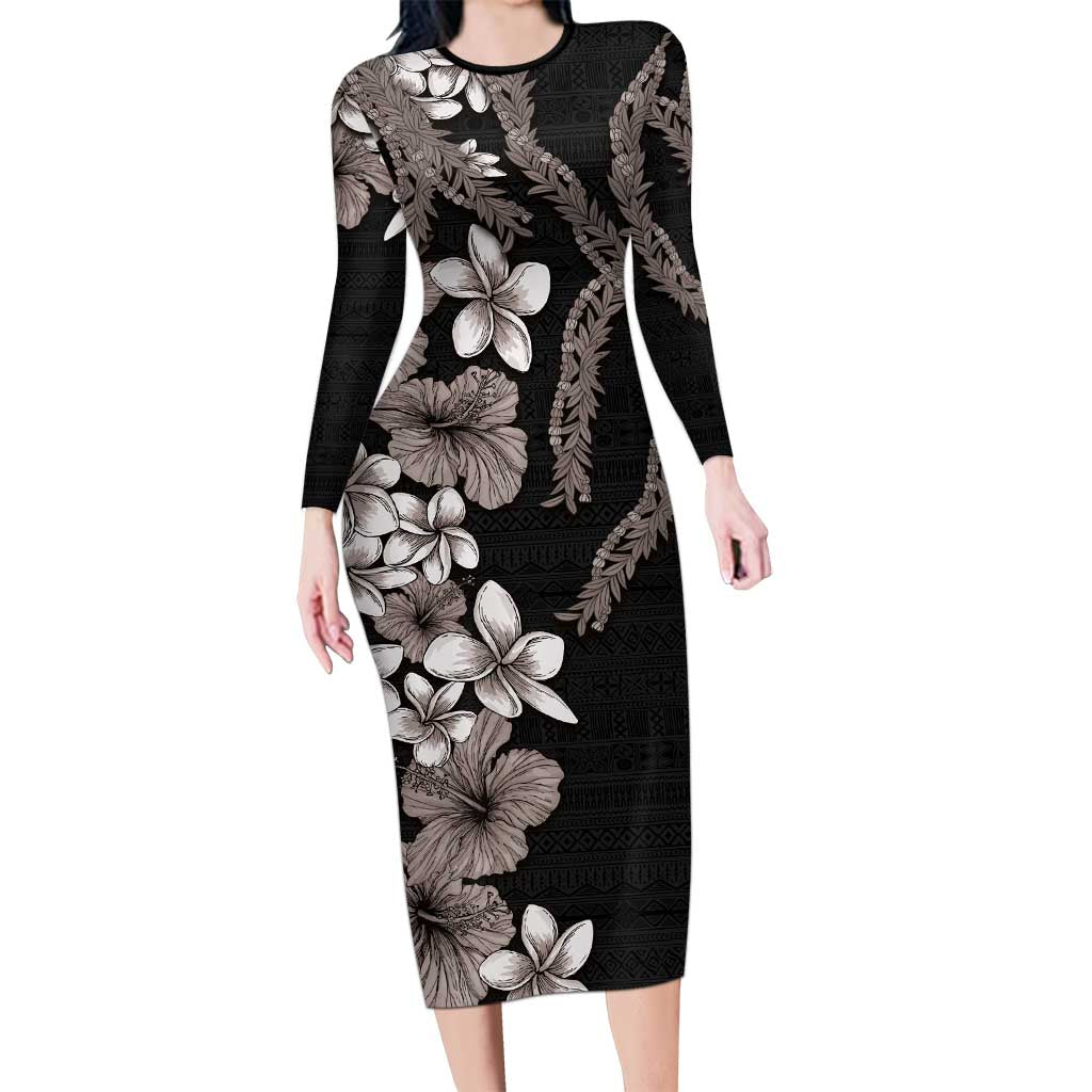 Hawaiian Tropical Flowers and Maile Pikake Family Matching Long Sleeve Bodycon Dress and Hawaiian Shirt Polynesian Tribal Pattern Grayscale Mode LT03 Mom's Dress Black - Polynesian Pride