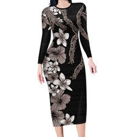 Hawaiian Tropical Flowers and Maile Pikake Family Matching Long Sleeve Bodycon Dress and Hawaiian Shirt Polynesian Tribal Pattern Grayscale Mode LT03 Mom's Dress Black - Polynesian Pride