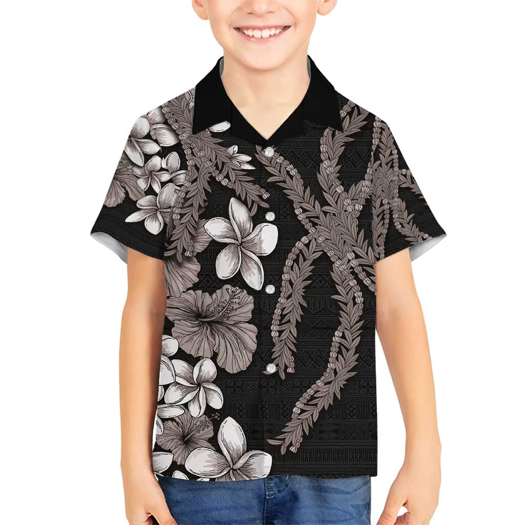 Hawaiian Tropical Flowers and Maile Pikake Family Matching Long Sleeve Bodycon Dress and Hawaiian Shirt Polynesian Tribal Pattern Grayscale Mode LT03 Son's Shirt Black - Polynesian Pride