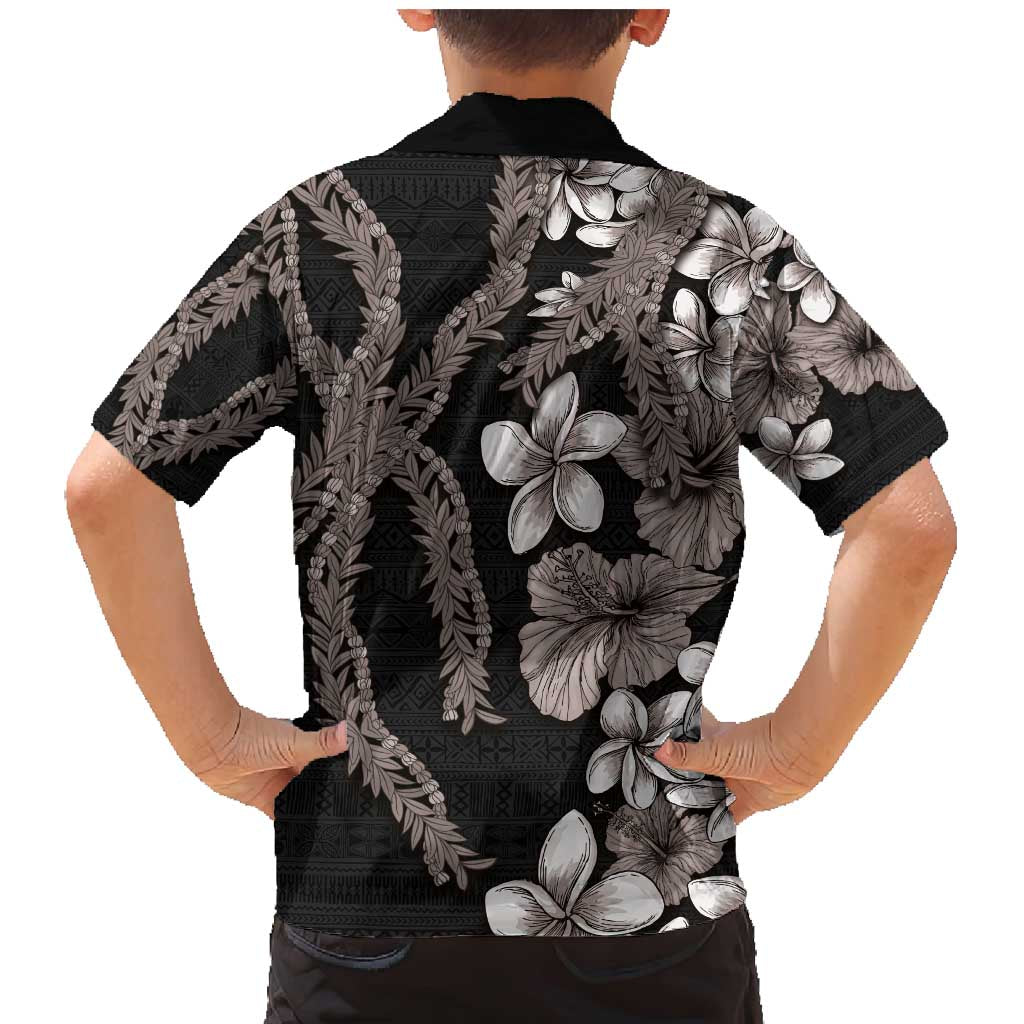 Hawaiian Tropical Flowers and Maile Pikake Family Matching Mermaid Dress and Hawaiian Shirt Polynesian Tribal Pattern Grayscale Mode