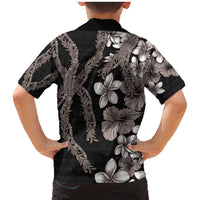 Hawaiian Tropical Flowers and Maile Pikake Family Matching Mermaid Dress and Hawaiian Shirt Polynesian Tribal Pattern Grayscale Mode