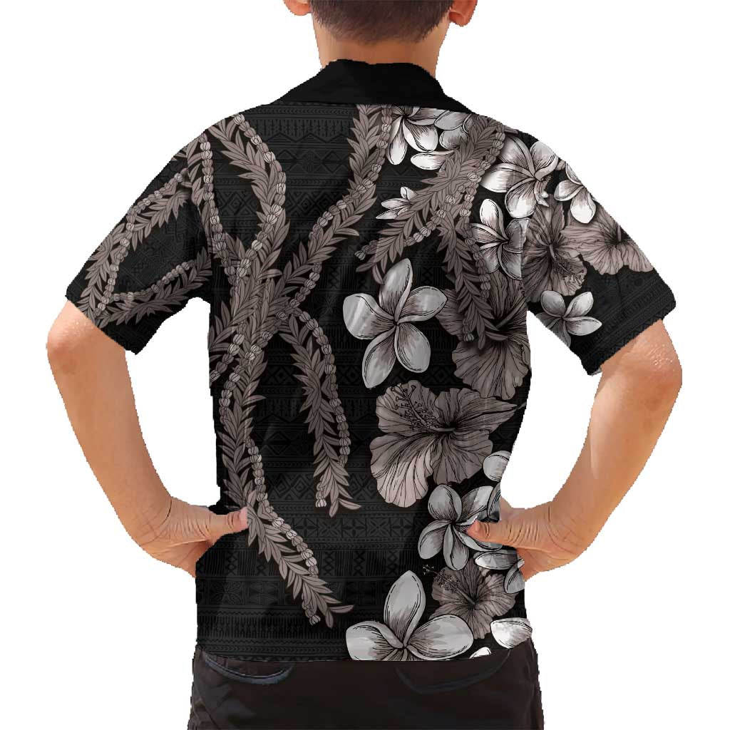 Hawaiian Tropical Flowers and Maile Pikake Family Matching Puletasi and Hawaiian Shirt Polynesian Tribal Pattern Grayscale Mode LT03 - Polynesian Pride