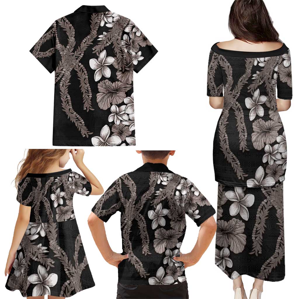 Hawaiian Tropical Flowers and Maile Pikake Family Matching Puletasi and Hawaiian Shirt Polynesian Tribal Pattern Grayscale Mode LT03 - Polynesian Pride