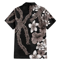 Hawaiian Tropical Flowers and Maile Pikake Family Matching Puletasi and Hawaiian Shirt Polynesian Tribal Pattern Grayscale Mode LT03 - Polynesian Pride