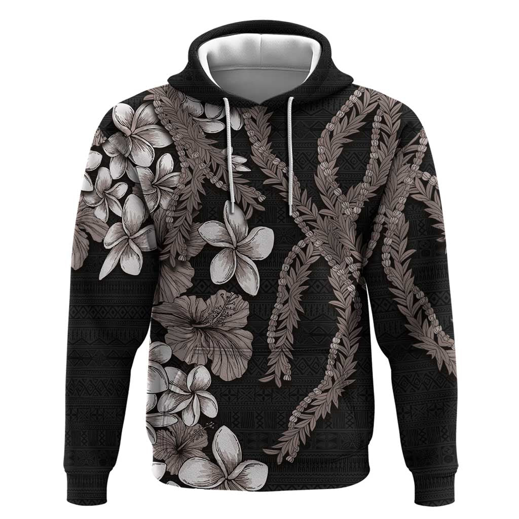 Hawaiian Tropical Flowers and Maile Pikake Hoodie Polynesian Tribal Pattern Grayscale Mode