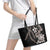 Hawaiian Tropical Flowers and Maile Pikake Leather Tote Bag Polynesian Tribal Pattern Grayscale Mode