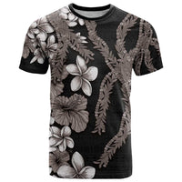Hawaiian Tropical Flowers and Maile Pikake T Shirt Polynesian Tribal Pattern Grayscale Mode