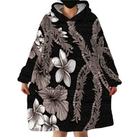 Hawaiian Tropical Flowers and Maile Pikake Wearable Blanket Hoodie Polynesian Tribal Pattern Grayscale Mode