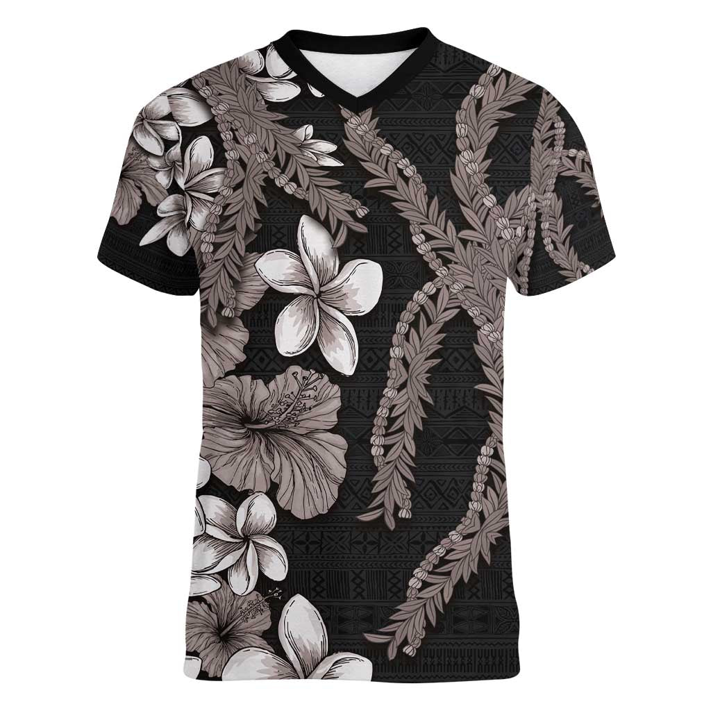 Hawaiian Tropical Flowers and Maile Pikake Women V-Neck T-Shirt Polynesian Tribal Pattern Grayscale Mode LT03 Female Black - Polynesian Pride