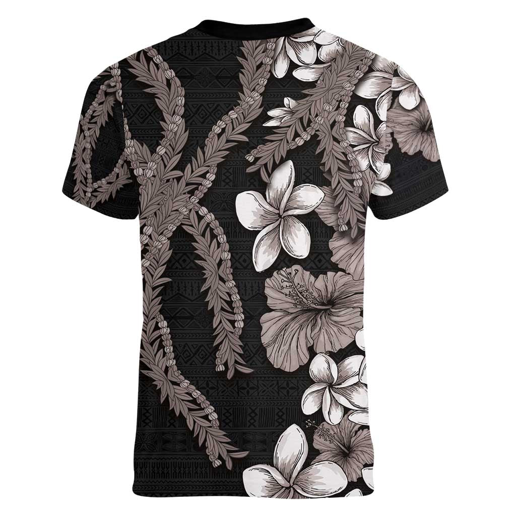 Hawaiian Tropical Flowers and Maile Pikake Women V-Neck T-Shirt Polynesian Tribal Pattern Grayscale Mode LT03 - Polynesian Pride