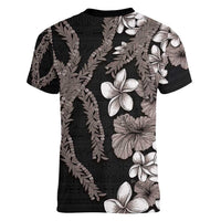 Hawaiian Tropical Flowers and Maile Pikake Women V-Neck T-Shirt Polynesian Tribal Pattern Grayscale Mode LT03 - Polynesian Pride
