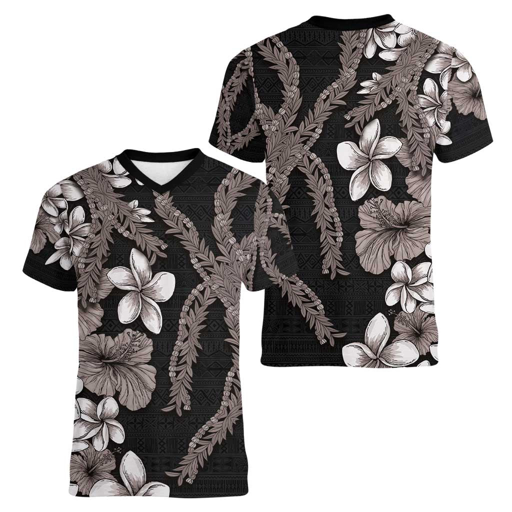 Hawaiian Tropical Flowers and Maile Pikake Women V-Neck T-Shirt Polynesian Tribal Pattern Grayscale Mode LT03 - Polynesian Pride