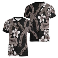 Hawaiian Tropical Flowers and Maile Pikake Women V-Neck T-Shirt Polynesian Tribal Pattern Grayscale Mode LT03 - Polynesian Pride