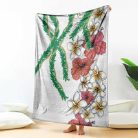 Hawaiian Tropical Flowers and Maile Pikake Blanket Polynesian Tribal Pattern White Color