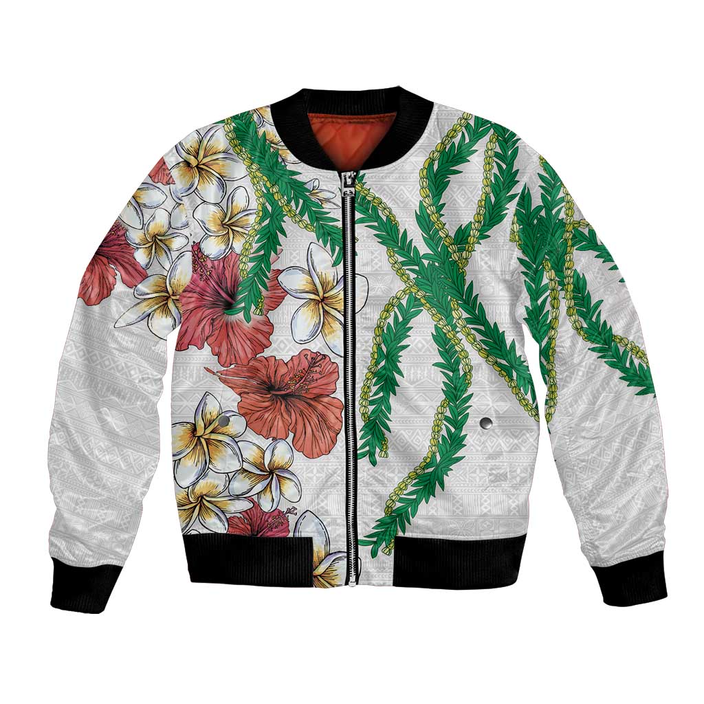 Hawaiian Tropical Flowers and Maile Pikake Bomber Jacket Polynesian Tribal Pattern White Color