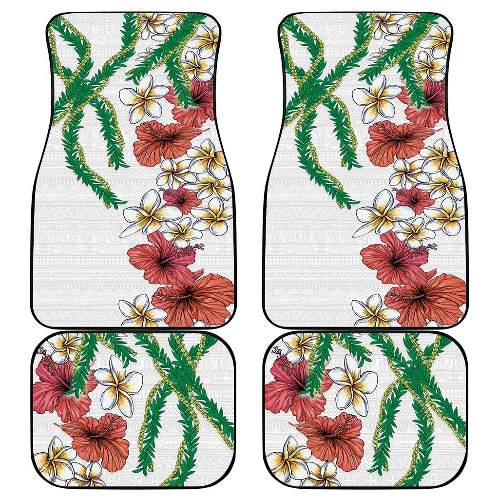 Hawaiian Tropical Flowers and Maile Pikake Car Mats Polynesian Tribal Pattern White Color