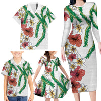 Hawaiian Tropical Flowers and Maile Pikake Family Matching Long Sleeve Bodycon Dress and Hawaiian Shirt Polynesian Tribal Pattern White Color LT03 - Polynesian Pride