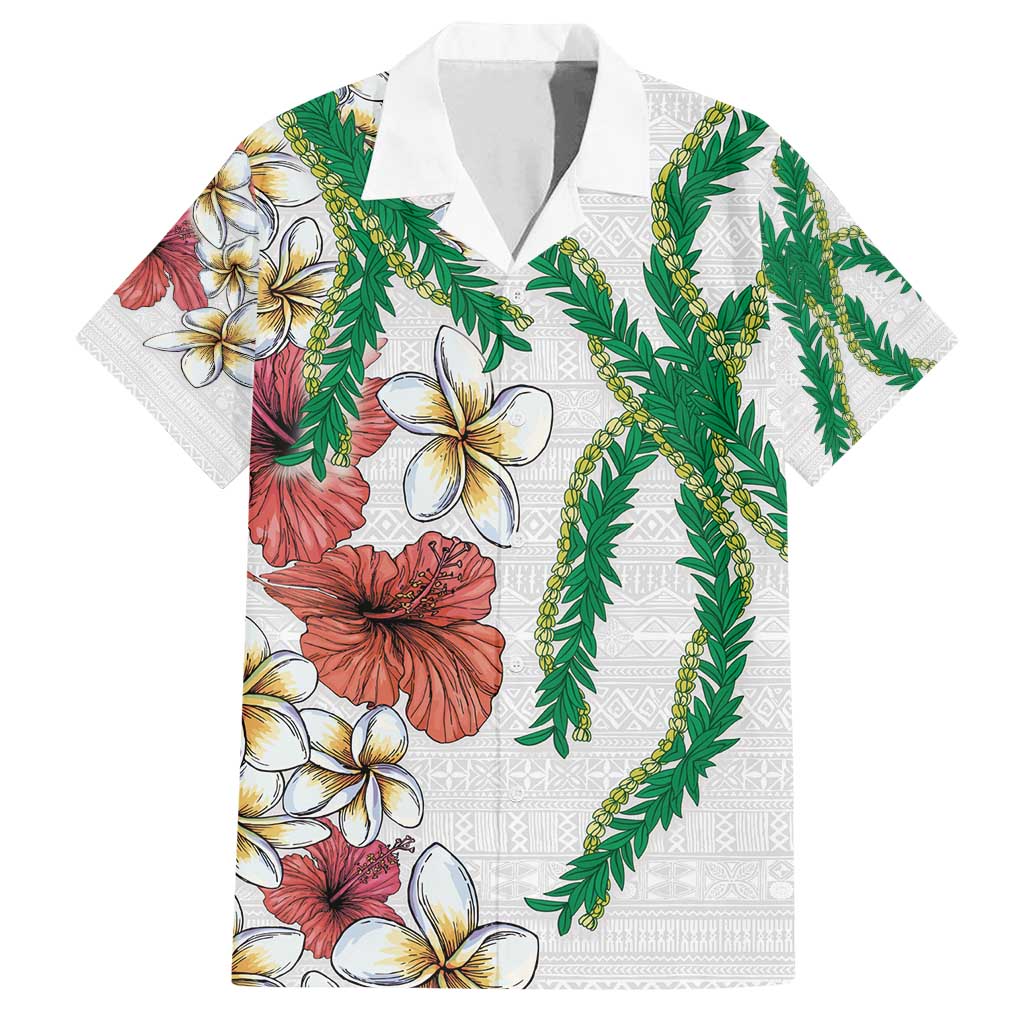 Hawaiian Tropical Flowers and Maile Pikake Family Matching Long Sleeve Bodycon Dress and Hawaiian Shirt Polynesian Tribal Pattern White Color LT03 Dad's Shirt - Short Sleeve White - Polynesian Pride