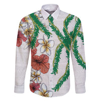 Hawaiian Tropical Flowers and Maile Pikake Family Matching Long Sleeve Bodycon Dress and Hawaiian Shirt Polynesian Tribal Pattern White Color LT03 Dad's Shirt - Long Sleeve White - Polynesian Pride