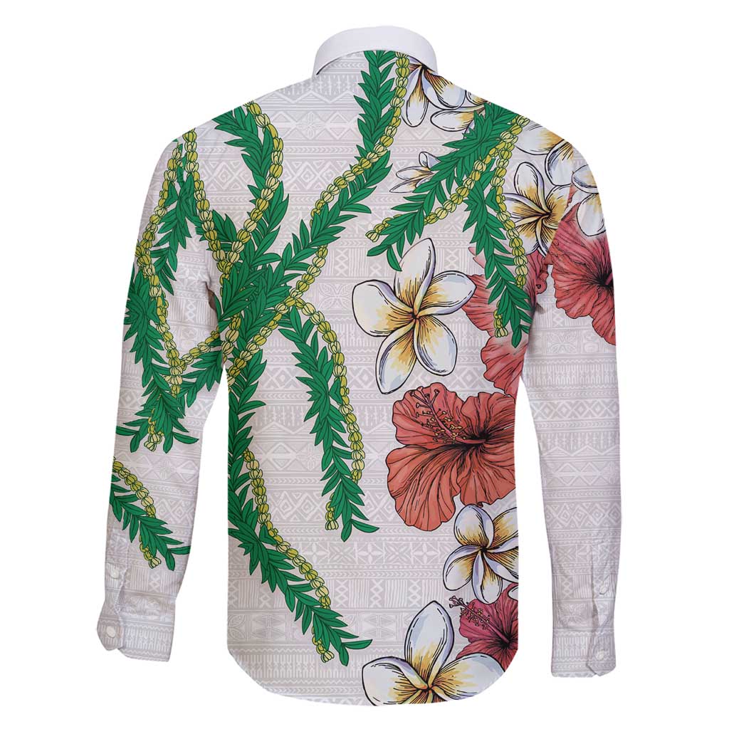 Hawaiian Tropical Flowers and Maile Pikake Family Matching Long Sleeve Bodycon Dress and Hawaiian Shirt Polynesian Tribal Pattern White Color LT03 - Polynesian Pride