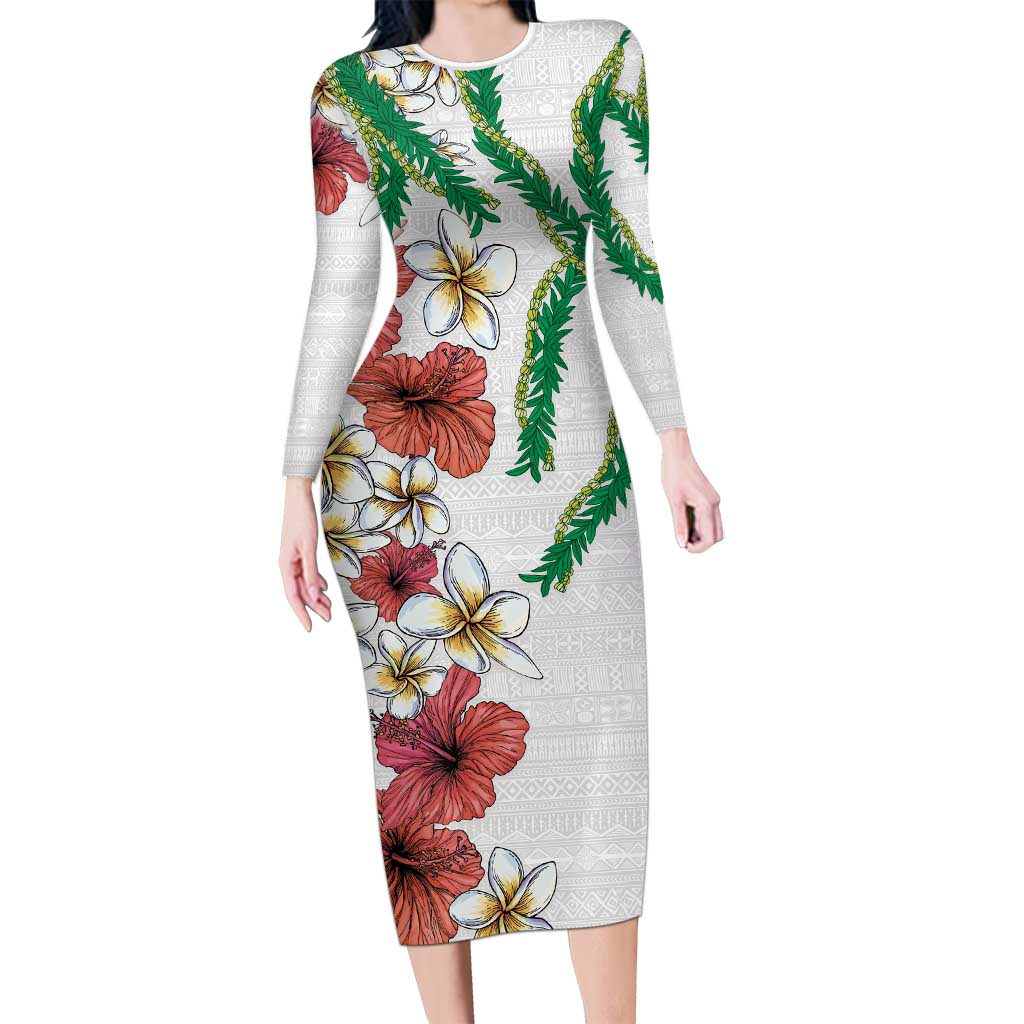 Hawaiian Tropical Flowers and Maile Pikake Family Matching Long Sleeve Bodycon Dress and Hawaiian Shirt Polynesian Tribal Pattern White Color LT03 Mom's Dress White - Polynesian Pride