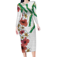 Hawaiian Tropical Flowers and Maile Pikake Family Matching Long Sleeve Bodycon Dress and Hawaiian Shirt Polynesian Tribal Pattern White Color LT03 Mom's Dress White - Polynesian Pride