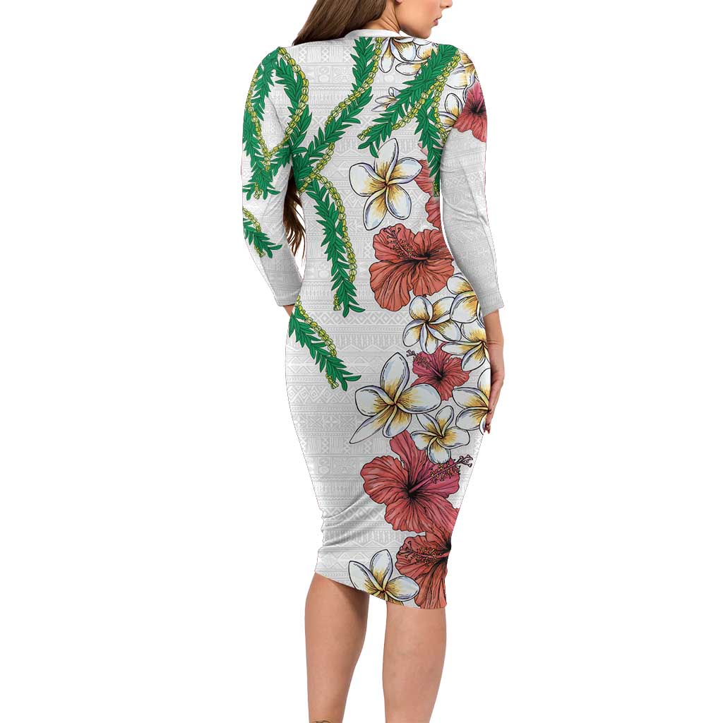 Hawaiian Tropical Flowers and Maile Pikake Family Matching Long Sleeve Bodycon Dress and Hawaiian Shirt Polynesian Tribal Pattern White Color LT03 - Polynesian Pride